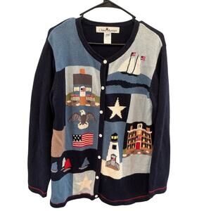 Vintage Womens Novelty Sweater Cardigan Lighthouse Nautical America USA Sailboat